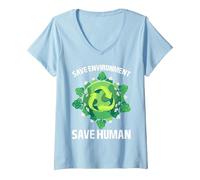 Women's Save Environment Save Human, World Environment Day V-Neck T-Shirt, Baby Blue, X-Large