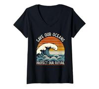 Womens Save Our Oceans Protect Our Future Earth Day Retro V-Neck T-Shirt