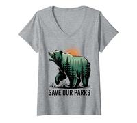 Womens Save Our Parks Bear Forest Nature Conservation V-Neck T-Shirt