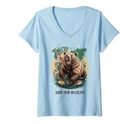 Womens Save Our Wildlife Bear Deer Birds Forest Conservation V-Neck T-Shirt