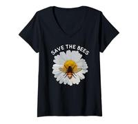 Women's Save The Bees Daisy & Bee White and Yellow Blossom Flower V-Neck T-Shirt