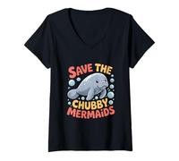 Women's Save The Chubby Manatee Cute Mermaids Humor V-Neck T-Shirt