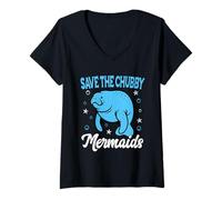 Womens Save The Chubby Sea Cow Mermaids Manatee Vintage Earth Day V-Neck T-Shirt