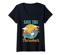 Women's Save the Narwhals Vintage Coastal Ocean Wildlife Art Design V-Neck T-Shirt
