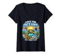 Women's Save The Oceans - Turtle Dolphin Whale Ocean Conservation V-Neck T-Shirt