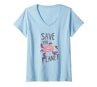 Womens Save The Planet Turtle Earth Climate Change Global Warming V-Neck T-Shirt