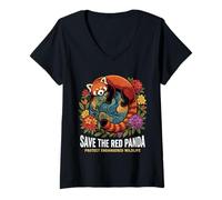 Women's Save The Red Panda Cute Animal Conservation V-Neck T-Shirt