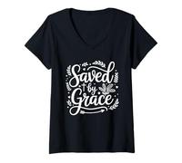 Women's Saved by Grace Christian Faith Religious Scripture V-Neck T-Shirt