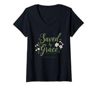Womens Saved by Grace Ephesians 2:8-9 Fun Christian Faith Floral V-Neck T-Shirt