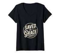 Womens Saved by Grace Ephesians 2 8 Christian Scripture V-Neck T-Shirt