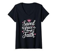 Women's Saved by Grace Through Faith Cross Jesus Savior Christian V-Neck T-Shirt