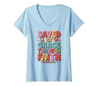 Women's Saved by Grace Through Faith Jesus is Savior Ephesians 2:8 V-Neck T-Shirt
