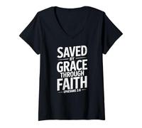 Women's Saved by Grace Through Faith Jesus Savior Christian V-Neck T-Shirt