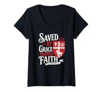 Women's Saved by Grace Through Faith Jesus Savior knight's Shield V-Neck T-Shirt