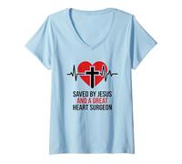 Women's Saved by Jesus & A Great Heart Surgeon Survivor V-Neck T-Shirt