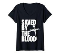 Womens Saved By The Blood Cross of Nails Christ Follower Christian V-Neck T-Shirt