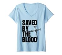 Womens Saved By The Blood Cross of Nails Christ Follower Christian V-Neck T-Shirt