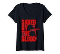Womens Saved By The Blood Cross of Nails Christ Follower Christian V-Neck T-Shirt
