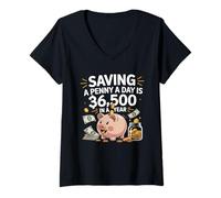 Womens Saving A Penny A Day Funny Piggy Bank Money Art V-Neck T-Shirt