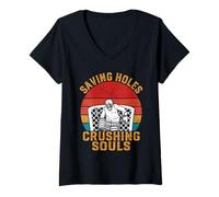 Womens Saving Holes Crushing Souls Funny Ice Hockey Goalie V-Neck T-Shirt