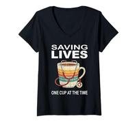 Women's Saving Lives One Cup At The Time Nurse Coffee Stethoscope V-Neck T-Shirt