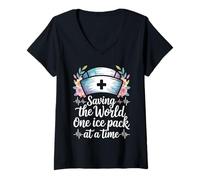 Women's Saving The World One Ice Pack At A Time RN Nurse V-Neck T-Shirt