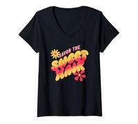Womens Savor Sweet Haze Retro Vibe Chill Relaxed Energy V-Neck T-Shirt