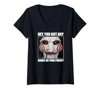 Womens Saw Got Any Games on Your Phone Jigsaw Meme Horror Movie V-Neck T-Shirt