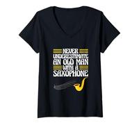 Women's Sax Player Never Underestimate an Old Man with A Saxophone V-Neck T-Shirt