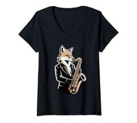 Women's Saxophone Jazz Fox Musician Night Mood V-Neck T-Shirt