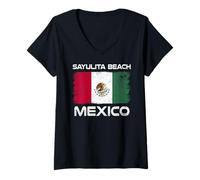 Women's Sayulita Beach Mexico Flag Design Proud Mexican Flag V-Neck T-Shirt