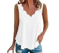 Womens Scallop V Neck Flowy Tank Tops Women's Eyelet Embroidery Trendy Summer Casual Blouses Ladies Plain Loose Fit Vacation Curved Hem Sleeveless Vest Shirts (White, XL)