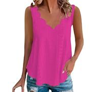 Womens Scallop V Neck Flowy Tank Tops Women's Eyelet Embroidery Trendy Summer Casual Blouses Ladies Plain Loose Fit Vacation Curved Hem Sleeveless Vest Shirts (Hot Pink, XL)