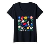 Women's Scandi Folk Art Rooster Chicken Farmer Design V-Neck T-Shirt