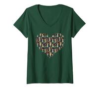 Women's Scandi Tribal Cat Geometric Teal Rustic Pattern V-Neck T-Shirt