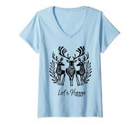 Womens Scandinavian Christmas Linocut Design Let's Hygge Funny Kids V-Neck T-Shirt