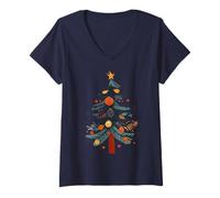 Womens Scandinavian Folk Art Christmas Tree Cottagecore Nature Top V-Neck T-Shirt