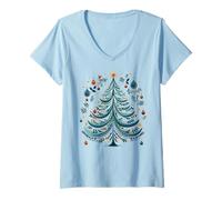 Womens Scandinavian Folk Art Christmas Tree Cottagecore Nature Top V-Neck T-Shirt