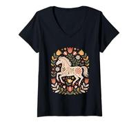 Womens Scandinavian Folk Art Horse Floral Boho Equestrian Cottageco V-Neck T-Shirt