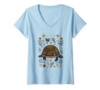 Womens Scandinavian Folk Art Turtle Floral Botanical V-Neck T-Shirt