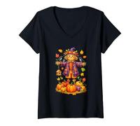 Women's Scarecrow Autumn Harvest Fall Season Pumpkin Thanksgiving V-Neck T-Shirt