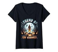 Womens Scarecrow Spirits and Pumpkins Under Moonlight V-Neck T-Shirt