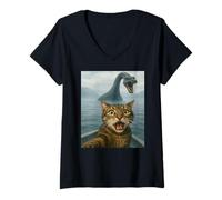 Womens Scared Selfie Cat Chased By Nessie Loch Ness Monster On Lake V-Neck T-Shirt