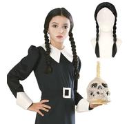 Womens Scary Daughter Addams Costume - Adults Gothic School Girl Long Black Collared Dress With Scary Wig 2 Pcs Spooky Family Halloween Fancy Dress (Wig Only, One Size)
