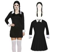 Womens Scary Daughter Addams Costume - Adults Gothic School Girl Long Black Collared Dress With Scary Wig 2 Pcs Spooky Family Halloween Fancy Dress (Gothic Dress With Wig, One Size)
