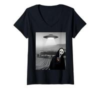 Women's Scary Face Horror Ghost Selfie with Alien UFO Halloween V-Neck T-Shirt