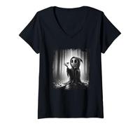 Womens Scary Face Horror Poster Halloween Ghost Heart Shape Finger V-Neck T-Shirt