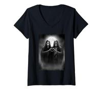 Womens Scary Face Horror Skeleton Heart Hands Poster Halloween V-Neck T-Shirt