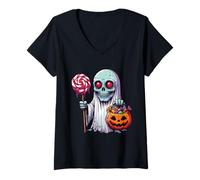 Womens Scary Halloween Skeleton Ghost Spooky Candy Bag V-Neck T-Shirt