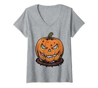 Womens Scary Jack O' Lantern Face Halloween Design V-Neck T-Shirt